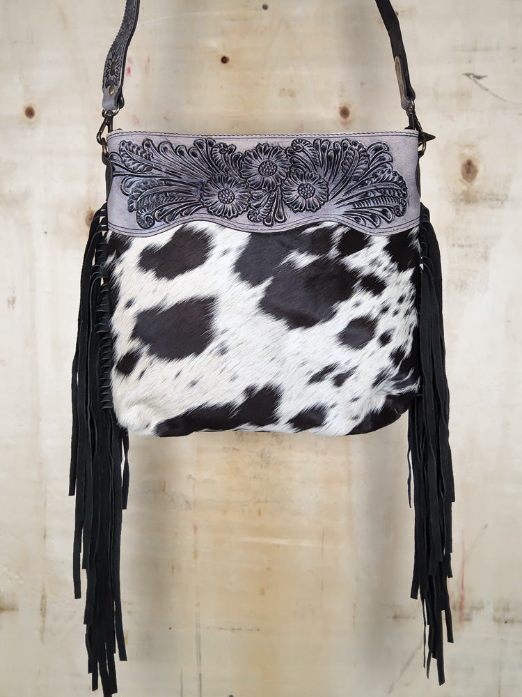 Black & White Cowhide Crossbody Bag with Fringe
