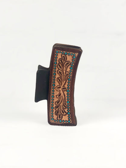 Western Tooled Leather Hair Clip