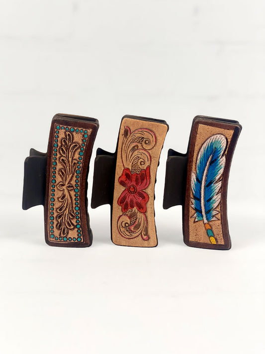 Western Tooled Leather Hair Clip