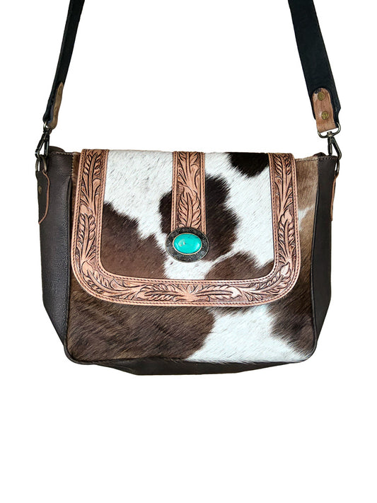 Cowhide Shoulder Bag Purse with Turquoise Stone