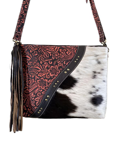 Half Cowhide Half Tooled Leather Handbag