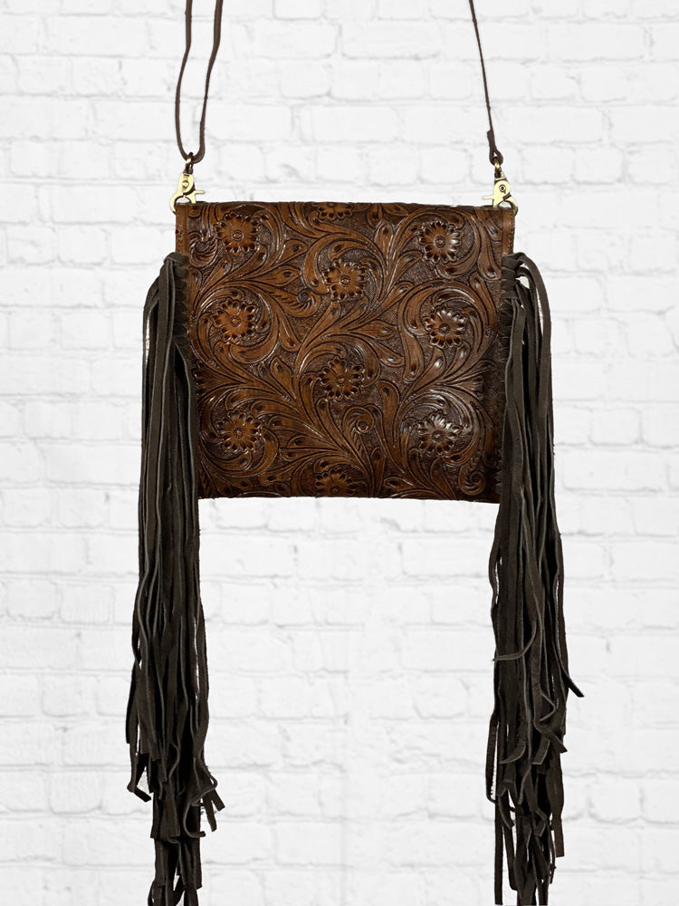 Tooled Leather Handbag with Fringe