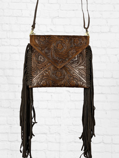 Tooled Leather Handbag with Fringe