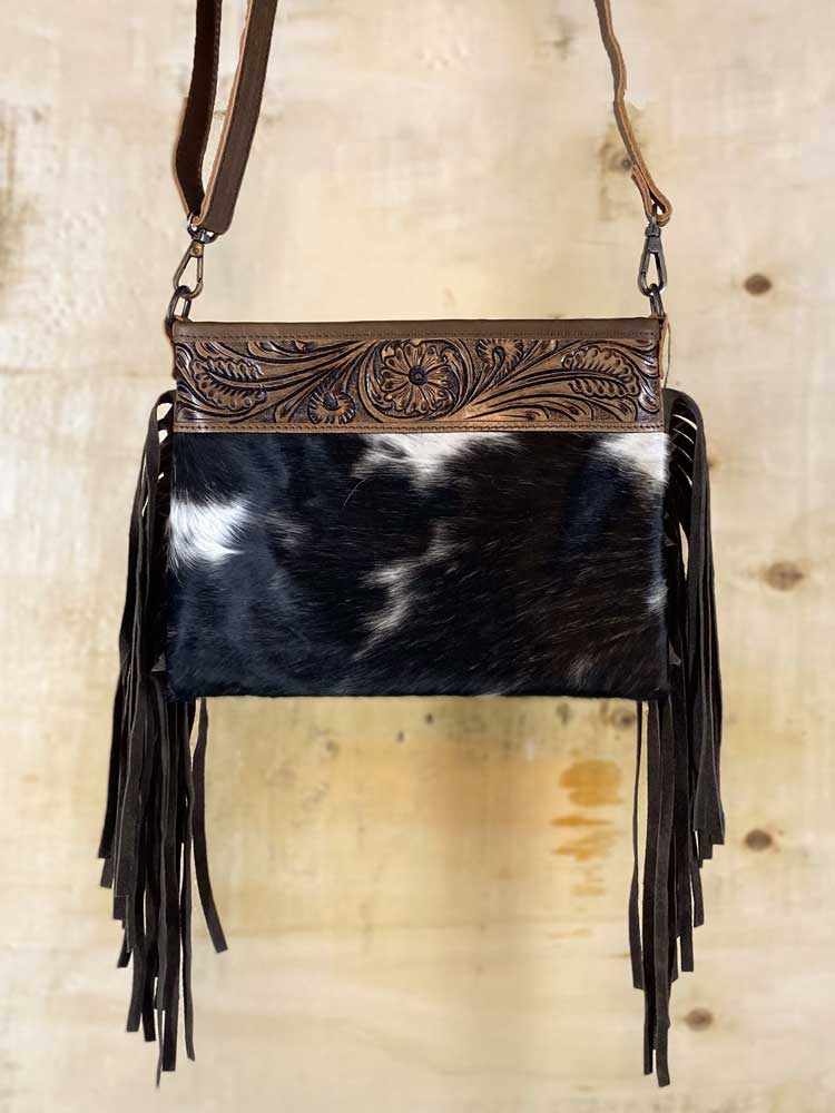 Western Cowhide & Tooled Leather Crossbody Purse with Fringe Tanned