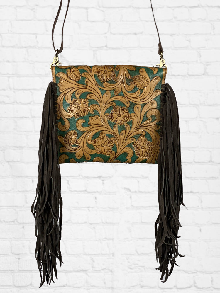 Tooled Leather Handbag with Fringe