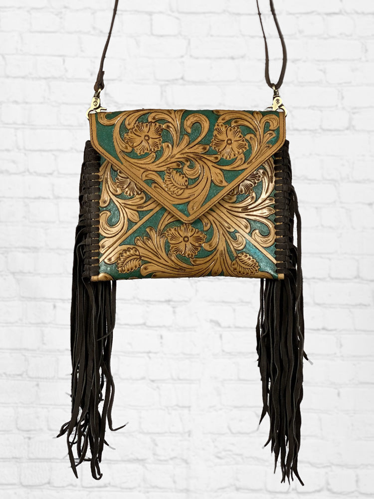 Tooled Leather Handbag with Fringe