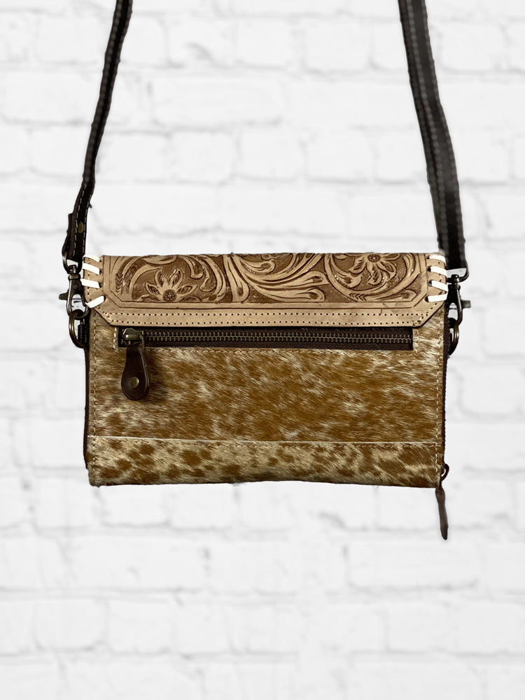 Tooled Leather & Cowhide Crossbody Clutch