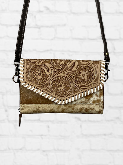 Tooled Leather & Cowhide Crossbody Clutch