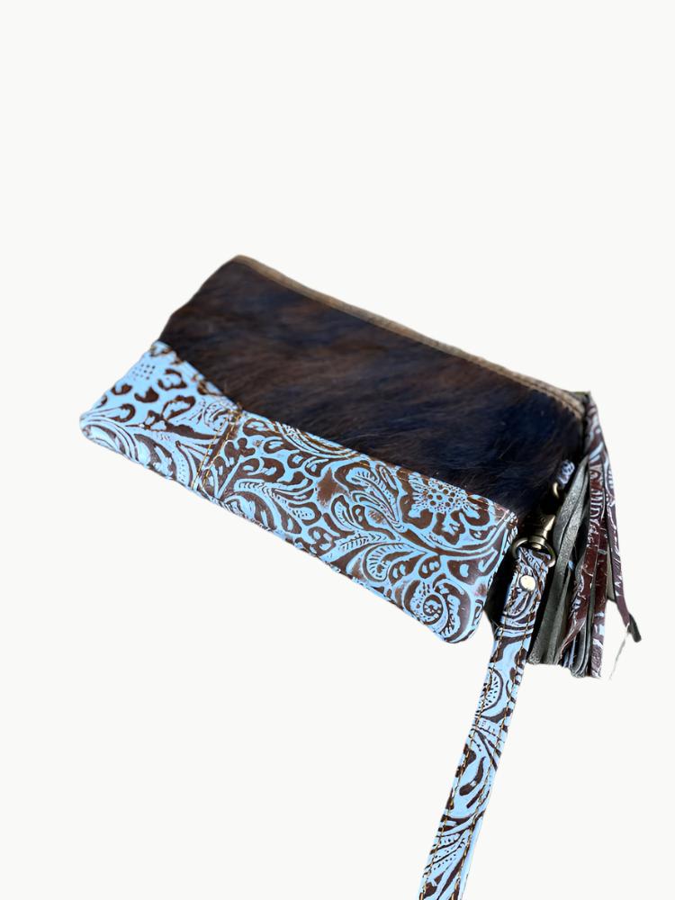 Cowhide & Tooled Leather Wristlet Clutch