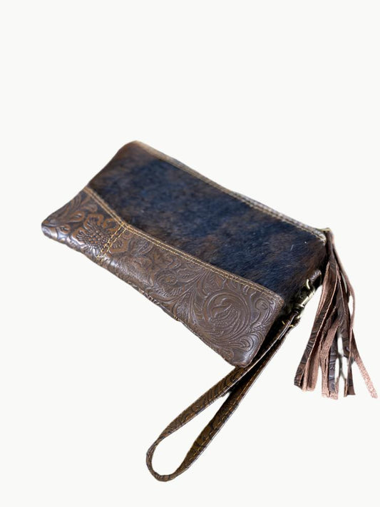 Cowhide & Tooled Leather Wristlet Clutch