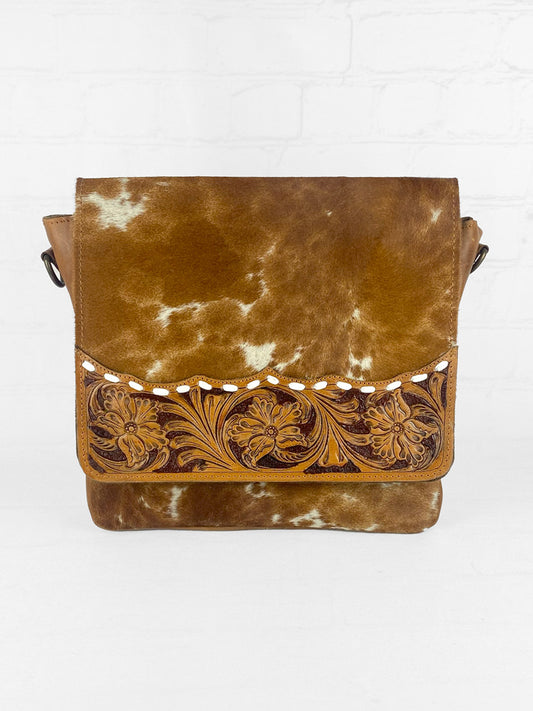 Cowhide & Tooled Leather Messenger Bag Purse