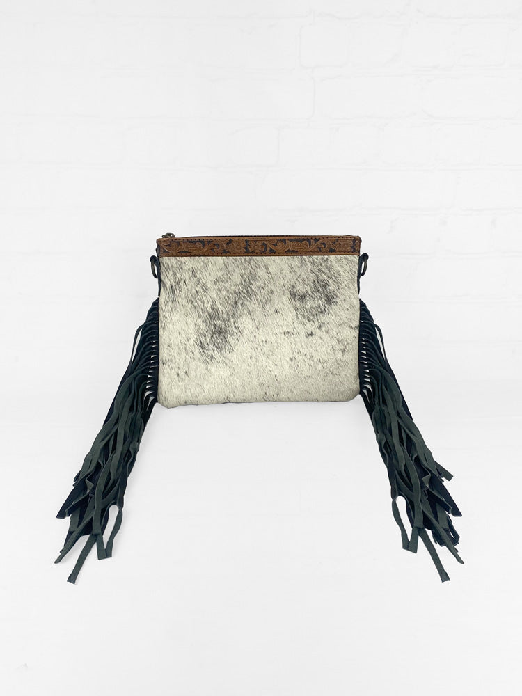 Cowhide Purse with Tooled Leather Border and Fringe