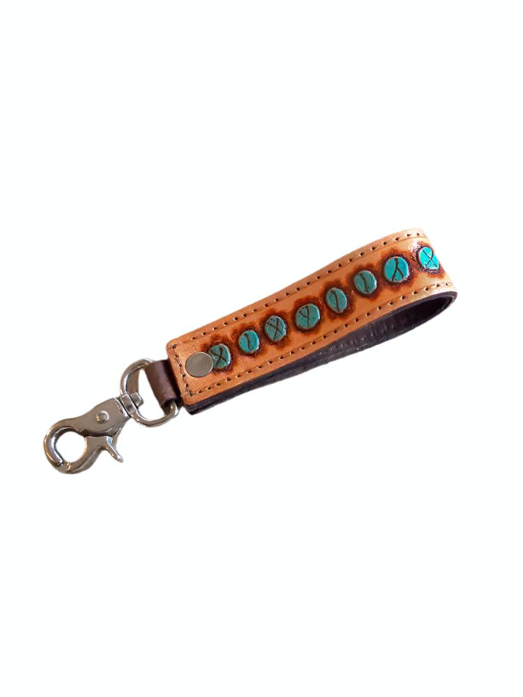 Leather Loop Keychain with Turquoise Stones – Tanned + Tooled