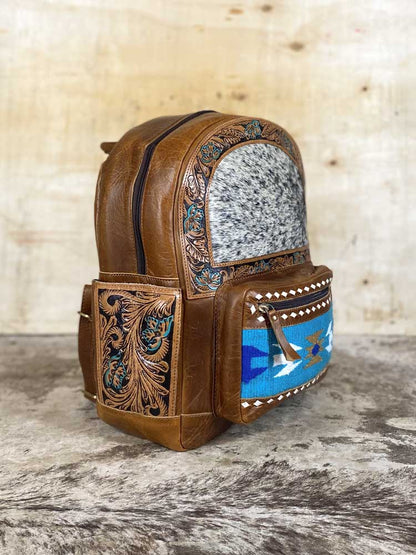 Western Leather Backpack with Tooled Leather & Cowhide