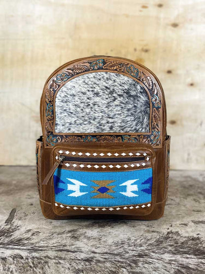 aztec leather backpack Western Leather Backpack with Tooled Leather & Cowhide – Tanned + Tooled