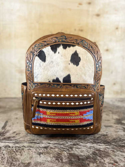 Western Leather Backpack with Tooled Leather & Cowhide