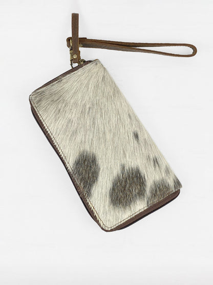 Cowhide Zipper Wallet with Wristlet Strap