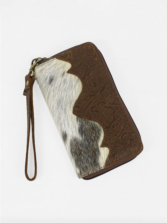 Cowhide Zipper Wallet with Wristlet Strap