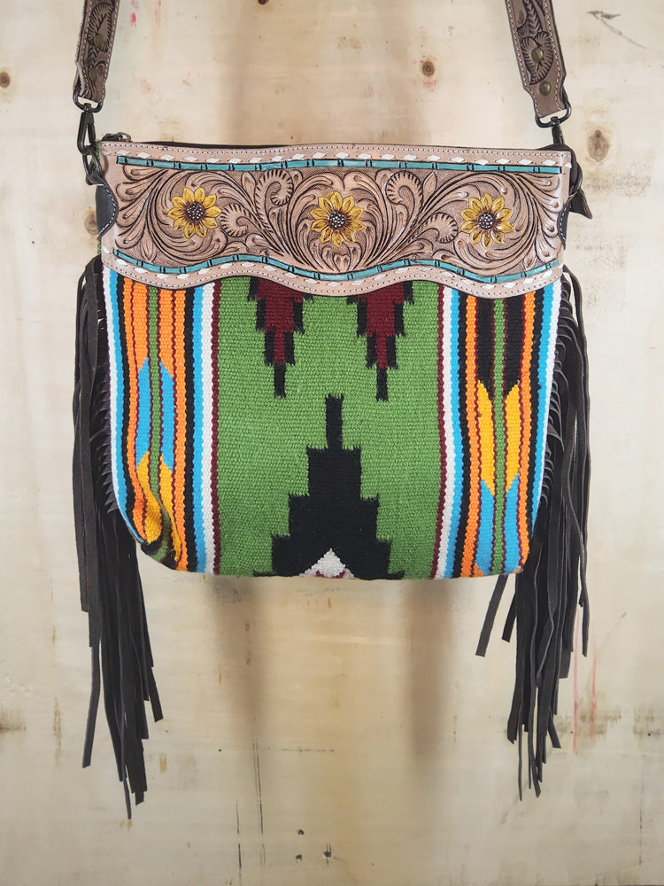 Saddle Blanket Bag with Fringe and Hand Carved Leather - Blanton-Caldwell